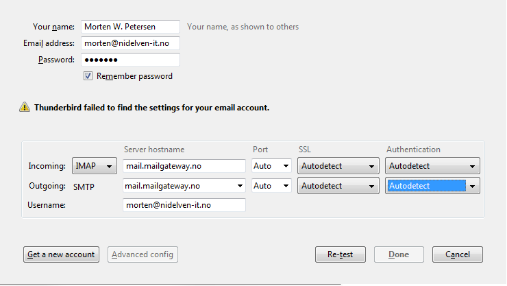 Thunderbird mail setup screen, tweaking settings